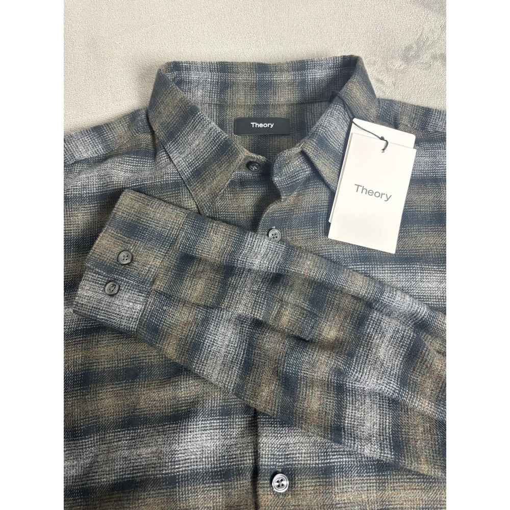 NWT Theory Irving Soft Plaid Flannel Shirt Men's M Gray Brown Cotton MSRP $285